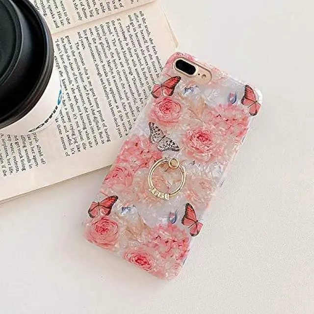 Alt view image 3 of 6 - Qokey Case for iPhone 8 Plus/ 7 Plus 5.5 inch Flower Cute Cover for Women Girls 360 Degree Rotating Ring Stand Kickstand Soft TPU Shockproof Rose Butterfly