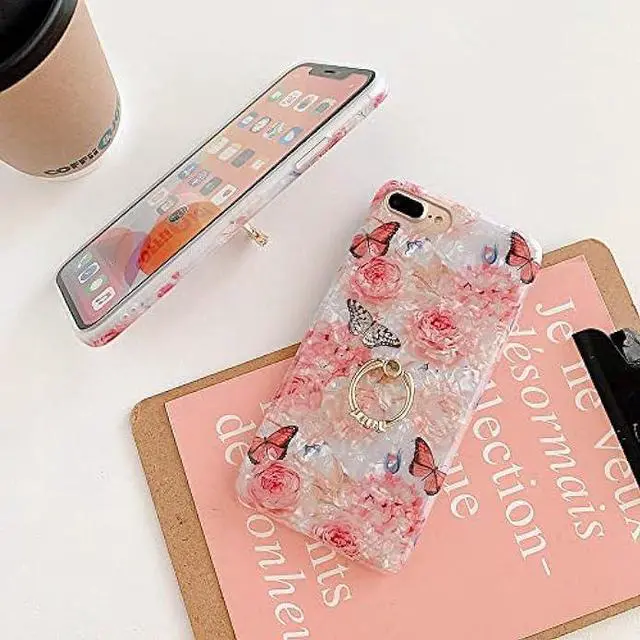 Alt view image 4 of 6 - Qokey Case for iPhone 8 Plus/ 7 Plus 5.5 inch Flower Cute Cover for Women Girls 360 Degree Rotating Ring Stand Kickstand Soft TPU Shockproof Rose Butterfly