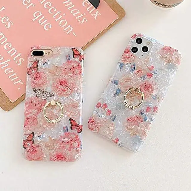 Alt view image 5 of 6 - Qokey Case for iPhone 8 Plus/ 7 Plus 5.5 inch Flower Cute Cover for Women Girls 360 Degree Rotating Ring Stand Kickstand Soft TPU Shockproof Rose Butterfly