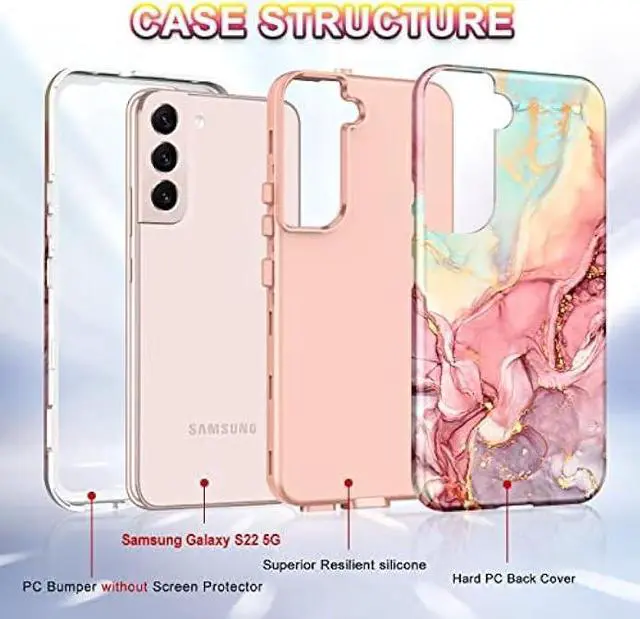 Alt view image 3 of 6 - Btscase for Samsung Galaxy S22 5G 6.1 Inch Case,Marble Pattern 3 in 1 Heavy Duty Shockproof Full Body Rugged Hard PC+Soft Silicone Drop Protective Women Girl Cover, Rose Gold