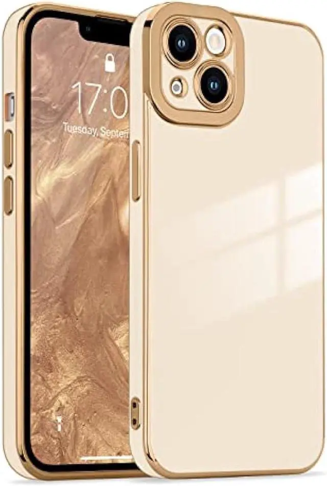 Main image of Lafunda Compatible for iPhone 13 Case Cute, Luxury Golden Edge Electroplate Case for Women Girls, Full Camera Protection Shockproof Anti-Scratch Soft TPU Bumper Phone Case Cover for iPhone 13, White