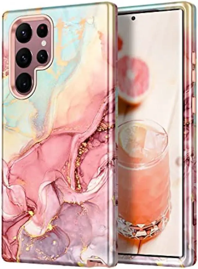 Main image of Btscase Case for Samsung Galaxy S22 Ultra 5G , Marble Pattern 3 in 1 Heavy Duty Shockproof Full Body Rugged Hard PC+Soft Silicone Drop Protective Women Girl Covers , Rose Gold