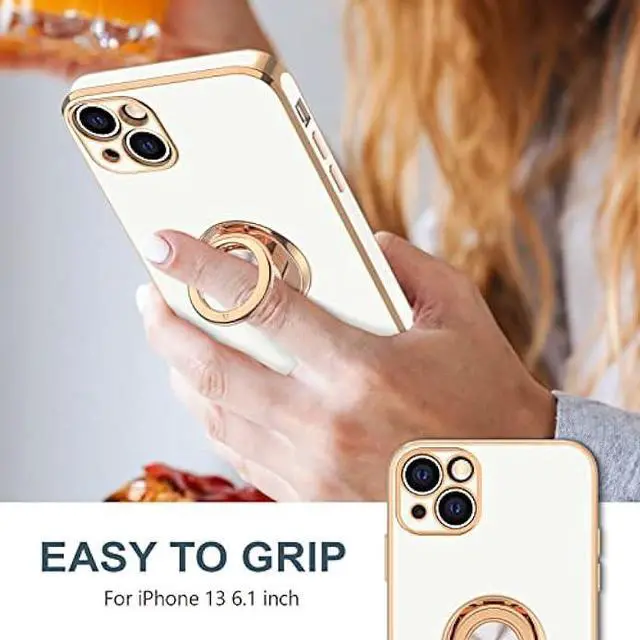 Alt view image 2 of 6 - Hython Case for iPhone 13 Case with Ring Stand [360°Rotatable Ring Holder Magnetic Kickstand] [Plated Rose Gold Edge] Slim Soft TPU Cover Luxury Protective Phone Case for Women Men, White