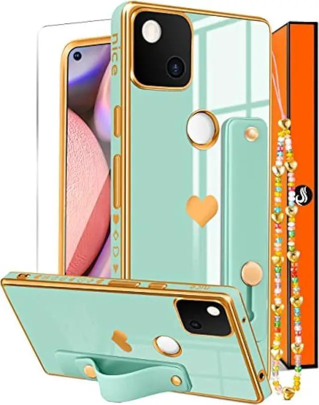 Main image of Likiyami (3in1 for Google Pixel 4A Case Heart for Women Girls Girly Cute Luxury Pretty Aesthetic with Stand Phone Cases Mint Green and Gold Plating Love Hearts Cover+Screen+Chain for Pixel 4A 5.8