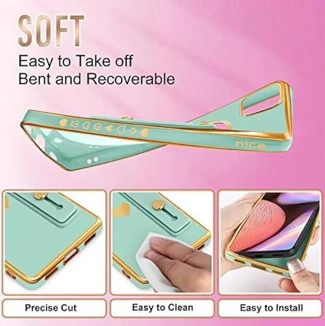 Alt view image 3 of 6 - Likiyami (3in1 for Google Pixel 4A Case Heart for Women Girls Girly Cute Luxury Pretty Aesthetic with Stand Phone Cases Mint Green and Gold Plating Love Hearts Cover+Screen+Chain for Pixel 4A 5.8