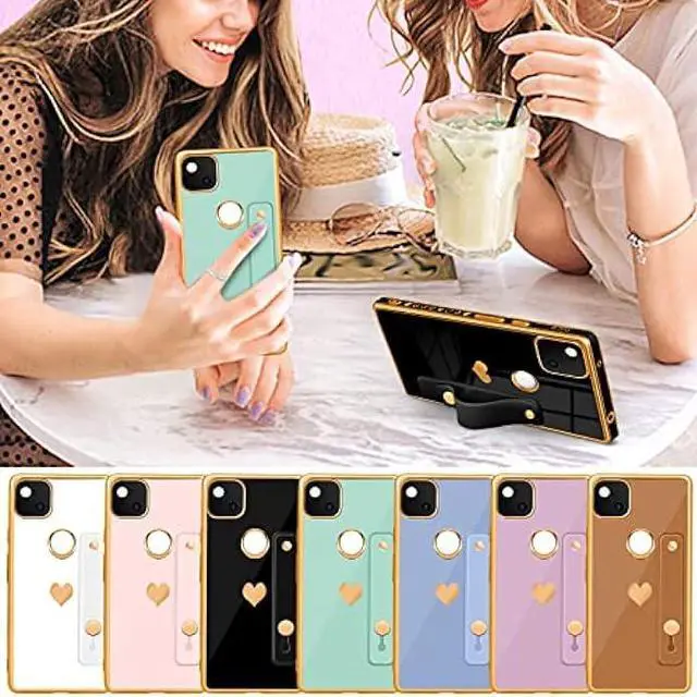 Alt view image 4 of 6 - Likiyami (3in1 for Google Pixel 4A Case Heart for Women Girls Girly Cute Luxury Pretty Aesthetic with Stand Phone Cases Mint Green and Gold Plating Love Hearts Cover+Screen+Chain for Pixel 4A 5.8