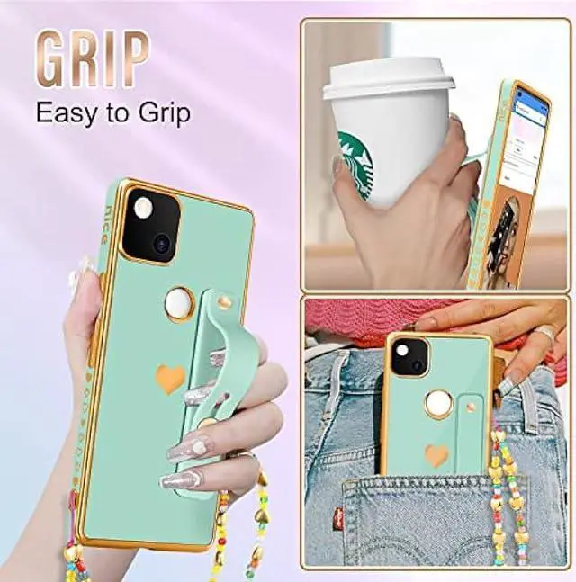 Alt view image 5 of 6 - Likiyami (3in1 for Google Pixel 4A Case Heart for Women Girls Girly Cute Luxury Pretty Aesthetic with Stand Phone Cases Mint Green and Gold Plating Love Hearts Cover+Screen+Chain for Pixel 4A 5.8