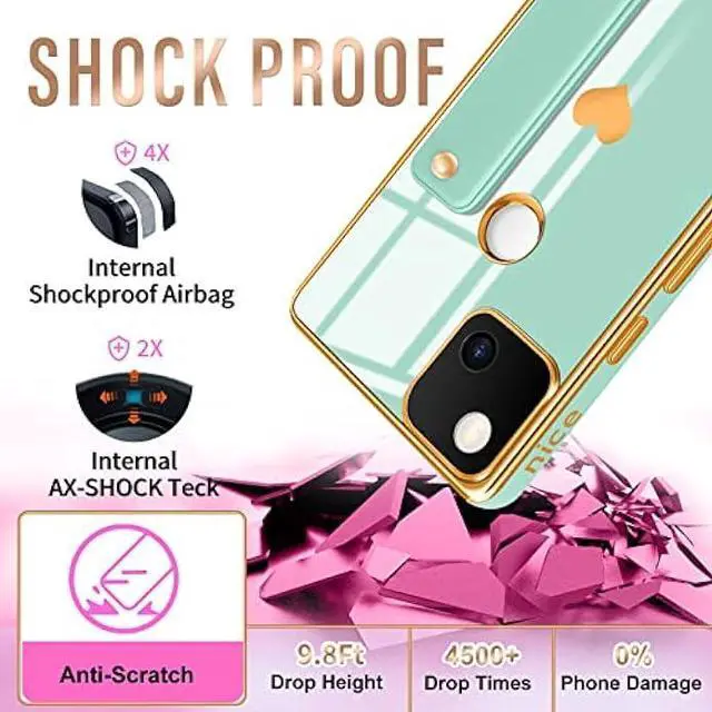 Alt view image 6 of 6 - Likiyami (3in1 for Google Pixel 4A Case Heart for Women Girls Girly Cute Luxury Pretty Aesthetic with Stand Phone Cases Mint Green and Gold Plating Love Hearts Cover+Screen+Chain for Pixel 4A 5.8