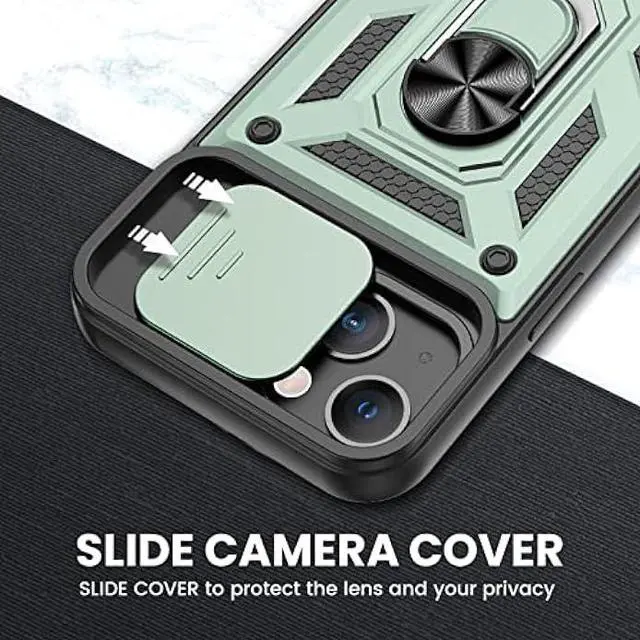 Alt view image 3 of 6 - VEGO Compatible with iPhone 13 Kickstand Case, iPhone 13 Case with Slide Camera Cover, Built-in 360° Rotate Ring Stand Magnetic Cover Case for iPhone 13 6.1 inch 2021 - Green