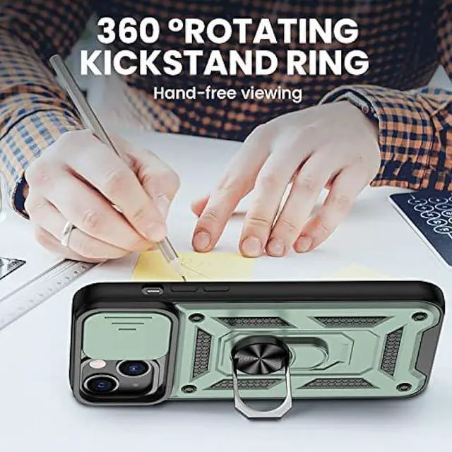 Alt view image 4 of 6 - VEGO Compatible with iPhone 13 Kickstand Case, iPhone 13 Case with Slide Camera Cover, Built-in 360° Rotate Ring Stand Magnetic Cover Case for iPhone 13 6.1 inch 2021 - Green