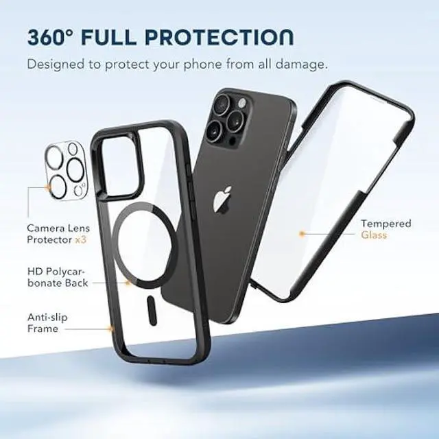 Alt view image 3 of 6 - TIESZEN Magnetic for iPhone 15 Pro Max Case, [Dustproof Design] Shockproof Rugged Phone Case, Compatible with Magsafe, Built-in 9H Tempered Glass Screen Protector & 3X Camera Lens Protector, Black