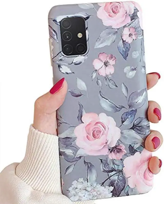 Main image of Samsung Galaxy A51 Phone Case for Women Girls,YeLoveHaw Soft Slim Fit Full-around Protective Cute Case Cover with Floral Purple Gray Leaves Pattern for Samsung GalaxyA51 (NOT Fit A51 5G)(Pink Flowers)