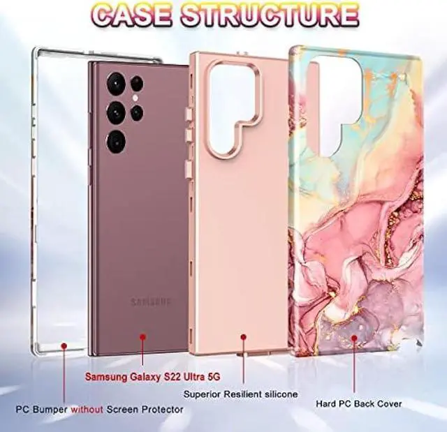 Alt view image 3 of 6 - Btscase Case for Samsung Galaxy S22 Ultra 5G , Marble Pattern 3 in 1 Heavy Duty Shockproof Full Body Rugged Hard PC+Soft Silicone Drop Protective Women Girl Covers , Rose Gold