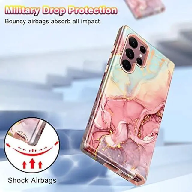 Alt view image 4 of 6 - Btscase Case for Samsung Galaxy S22 Ultra 5G , Marble Pattern 3 in 1 Heavy Duty Shockproof Full Body Rugged Hard PC+Soft Silicone Drop Protective Women Girl Covers , Rose Gold