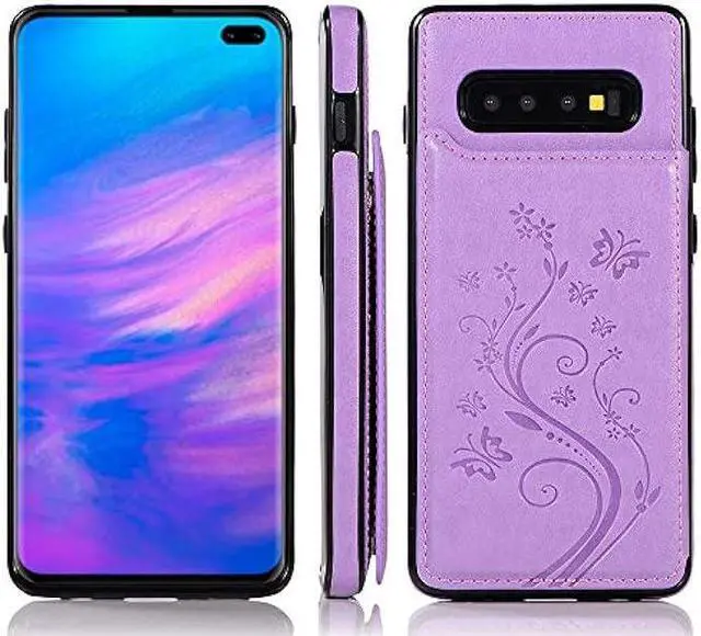 Alt view image 4 of 7 - Phone Case for Samsung Galaxy S10 Plus with Tempered Glass Screen Protector and Card Holder Wallet Cover Stand Flip Leather Cell Accessories Glaxay S10+ 10S S 10 10plus S10plus Cases Women Girl Purple