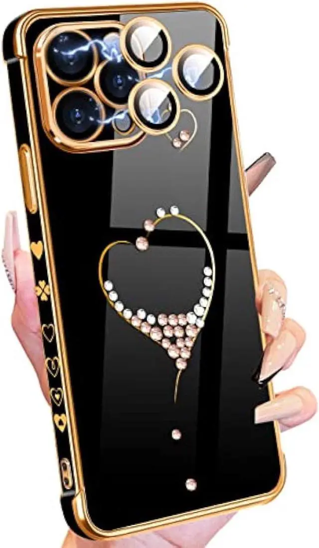 Main image of Petitian for iPhone 13 Pro Max Case, Cute Women Girls Bling Glitter Designed Heart Phone Cases for iPhone 13 Pro Max, Girly Gold Plating Phone Cover for 13 Promax with Camera Protector Black