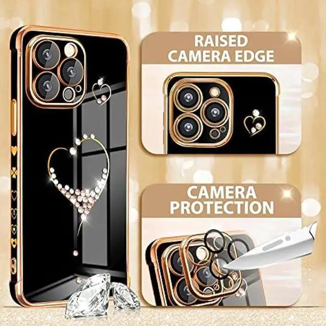 Alt view image 3 of 6 - Petitian for iPhone 13 Pro Max Case, Cute Women Girls Bling Glitter Designed Heart Phone Cases for iPhone 13 Pro Max, Girly Gold Plating Phone Cover for 13 Promax with Camera Protector Black
