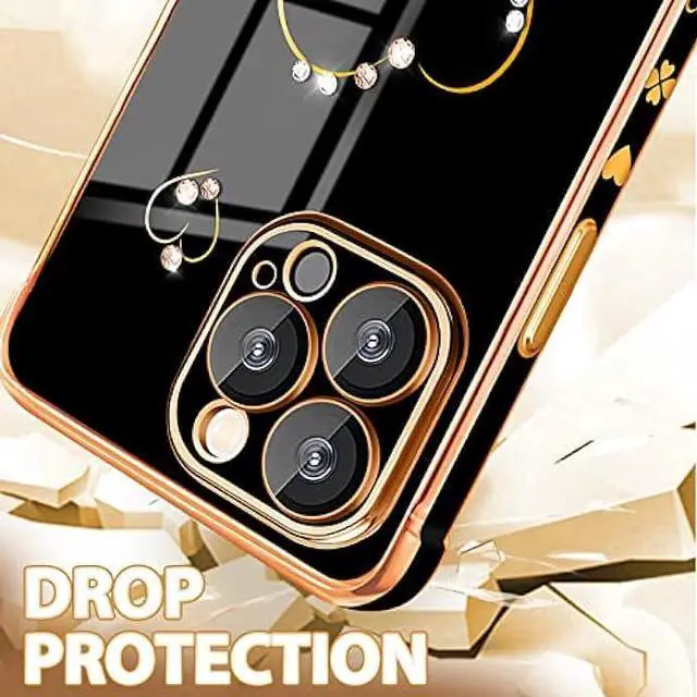 Alt view image 4 of 6 - Petitian for iPhone 13 Pro Max Case, Cute Women Girls Bling Glitter Designed Heart Phone Cases for iPhone 13 Pro Max, Girly Gold Plating Phone Cover for 13 Promax with Camera Protector Black