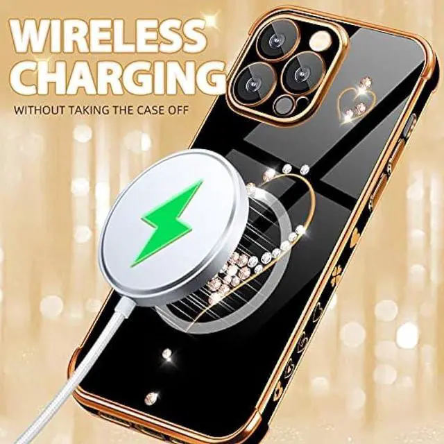 Alt view image 5 of 6 - Petitian for iPhone 13 Pro Max Case, Cute Women Girls Bling Glitter Designed Heart Phone Cases for iPhone 13 Pro Max, Girly Gold Plating Phone Cover for 13 Promax with Camera Protector Black