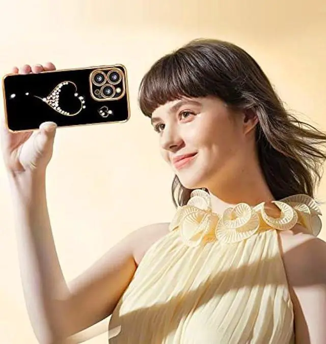 Alt view image 6 of 6 - Petitian for iPhone 13 Pro Max Case, Cute Women Girls Bling Glitter Designed Heart Phone Cases for iPhone 13 Pro Max, Girly Gold Plating Phone Cover for 13 Promax with Camera Protector Black