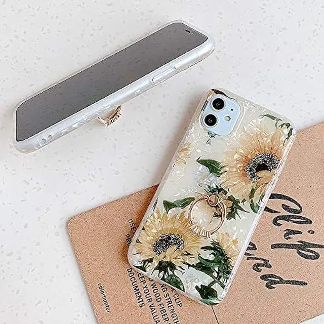Alt view image 5 of 6 - Qokey Compatible with iPhone SE Case 2022/2020,iPhone 8 Case,iPhone 7 Case 4.7 inch Flower Cute Fashion Cover for Women Girls 360 Degree Rotating Ring Kickstand Soft TPU Shockproof Cover Sunflowers