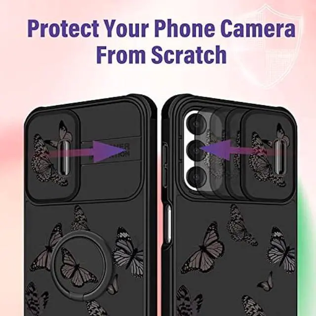 Alt view image 4 of 6 - Funermei (2in1 for Samsung Galaxy A13 5G Case for Women Butterfly Cute Girls Phone Cover Girly Pretty Aesthetic Black Butterfly Design with Camera Cover and Ring Stand Funda for Samsung A13 5G Case