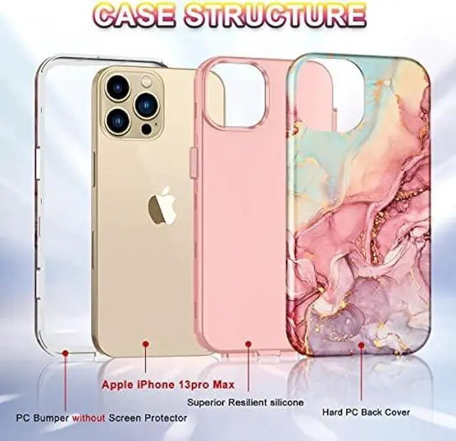 Alt view image 2 of 6 - Btscase Compatible with iPhone 13 Pro Max Case 6.7 Inch 2021,Marble Pattern 3 in 1 Heavy Duty Shockproof Full Body Rugged Hard PC+Soft Silicone Drop Protective Women Girl Phone Cases, Rose Gold