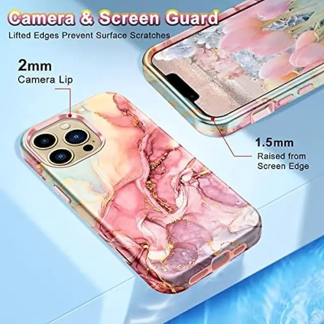Alt view image 3 of 6 - Btscase Compatible with iPhone 13 Pro Max Case 6.7 Inch 2021,Marble Pattern 3 in 1 Heavy Duty Shockproof Full Body Rugged Hard PC+Soft Silicone Drop Protective Women Girl Phone Cases, Rose Gold