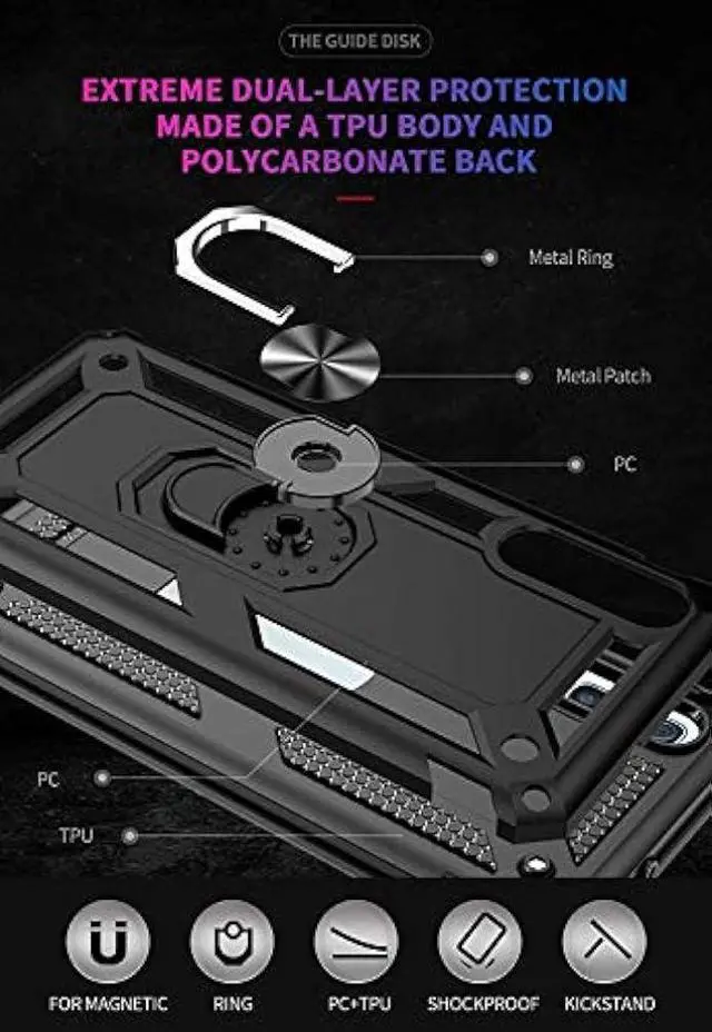Alt view image 6 of 7 - TJS Compatible with Samsung Galaxy A50 2019 Case, with Tempered Glass Screen Protector Metal Ring Magnetic Support Kickstand Heavy Duty Drop Protector Phone Case Cover (Purple)