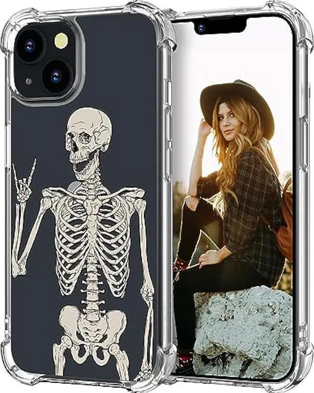 Main image of Hungo Compatible with iPhone 15 Plus Case Skull Skeleton Cute Clear with Design, Girly for Women Girls Floral Transparent Case Compatible with iPhone 15 Plus Skull Skeleton