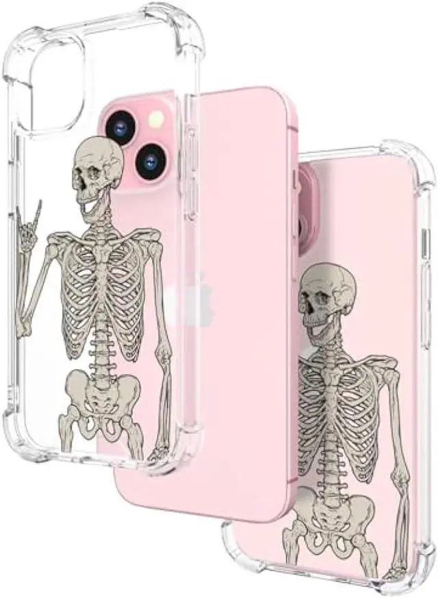 Alt view image 4 of 6 - Hungo Compatible with iPhone 15 Plus Case Skull Skeleton Cute Clear with Design, Girly for Women Girls Floral Transparent Case Compatible with iPhone 15 Plus Skull Skeleton