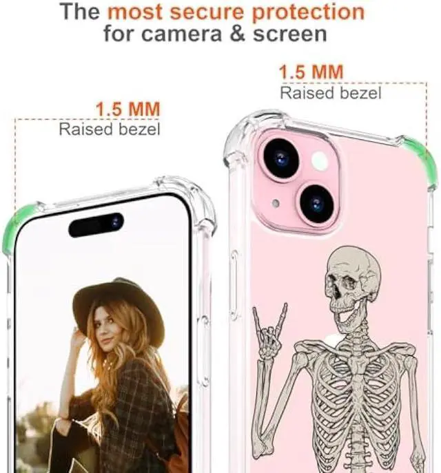 Alt view image 6 of 6 - Hungo Compatible with iPhone 15 Plus Case Skull Skeleton Cute Clear with Design, Girly for Women Girls Floral Transparent Case Compatible with iPhone 15 Plus Skull Skeleton