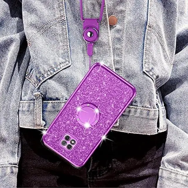Alt view image 6 of 7 - nancheng Case for Moto G Power 2021 Cute Girls Women Glitter Soft TPU Cover with Ring Kickstand Strap Lanyard Bumper Shockproof Protective Cell Phone Case for Motorola G Power 2021 - Purple