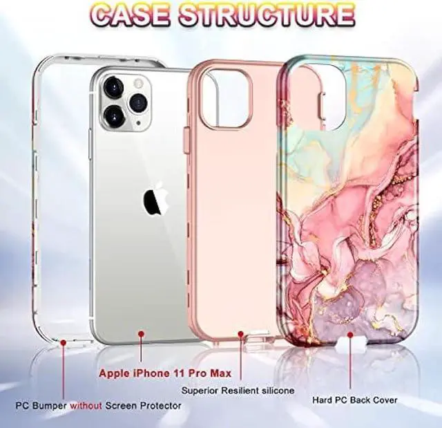 Alt view image 2 of 6 - Btscase for iPhone 11 Pro Max Case 6.5 inch,Marble Pattern 3 in 1 Heavy Duty Shockproof Full Body Hard PC+Soft Silicone Drop Protective Women Girls Cover, Rose Gold
