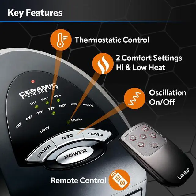Alt view image 3 of 7 - Lasko Oscillating Ceramic Tower Space Heater for Home with Adjustable Thermostat, Timer and Remote Control, 22.5 Inches, Grey/Black, 1500W, 751320