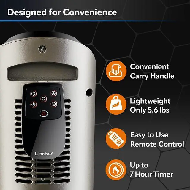 Alt view image 6 of 7 - Lasko Oscillating Ceramic Tower Space Heater for Home with Adjustable Thermostat, Timer and Remote Control, 22.5 Inches, Grey/Black, 1500W, 751320