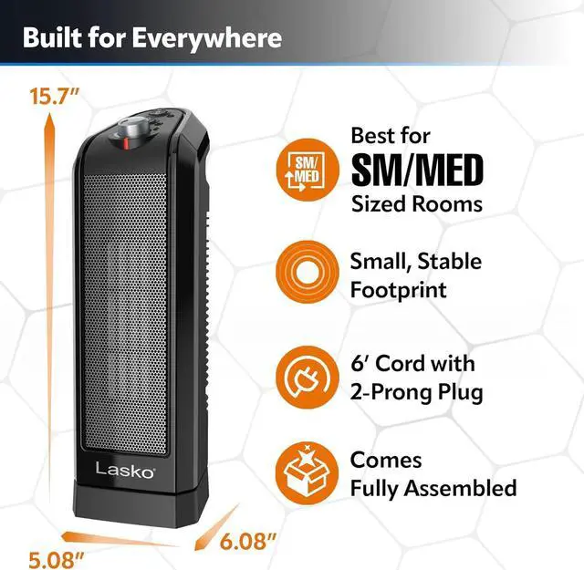 Alt view image 5 of 7 - Lasko Oscillating Ceramic Space Heater for Home with Overheat Protection, Thermostat, and 3 Speeds, 15.7 Inches, Black, 1500W, CT16450, Small, 4 Pounds