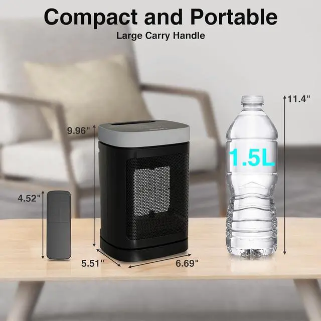 Alt view image 7 of 7 - Small Portable Space Heater for Indoor Use - with 70°Rotating Feature, JIBUFI 1500W PTC Electric Heater, Rapid and Safe Heating, Remote Control, 1-12 Hr Timer for Bedroom, Office, ent.
