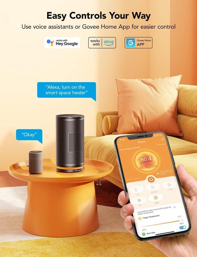 Alt view image 2 of 7 - Govee Smart Space Heater for Indoor Use, 75°Oscillating Portable Ceramic Electric Heater with Thermostat, App & Voice Remote, Auto Modes, 24H Timer, Overheating & Tip-Over Protection Heat for Office