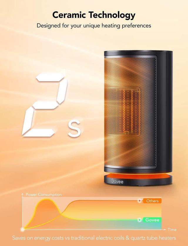 Alt view image 3 of 7 - Govee Smart Space Heater for Indoor Use, 75°Oscillating Portable Ceramic Electric Heater with Thermostat, App & Voice Remote, Auto Modes, 24H Timer, Overheating & Tip-Over Protection Heat for Office