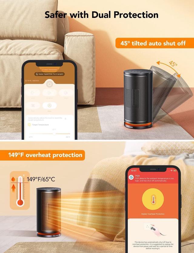 Alt view image 5 of 7 - Govee Smart Space Heater for Indoor Use, 75°Oscillating Portable Ceramic Electric Heater with Thermostat, App & Voice Remote, Auto Modes, 24H Timer, Overheating & Tip-Over Protection Heat for Office