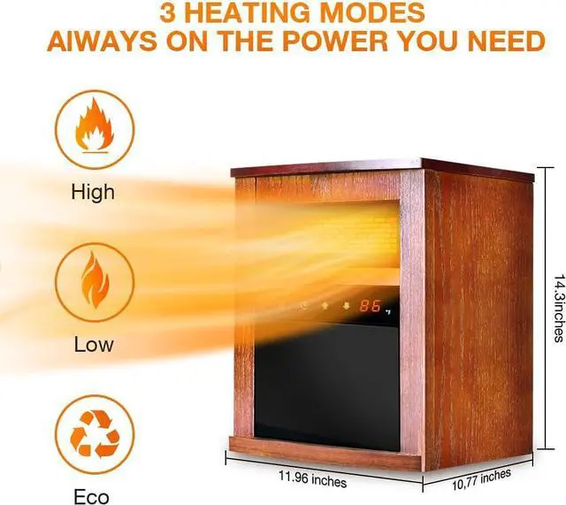 Alt view image 2 of 7 - Air Choice Electric Space Heater, 1500W Infrared Heater w/ 3 Heating Mode, Thermostat, Remote Control & 12h Timer, Small Portable Room Heaters for Indoor Use, Bedroom, Office, Living Room, Dark Walnut