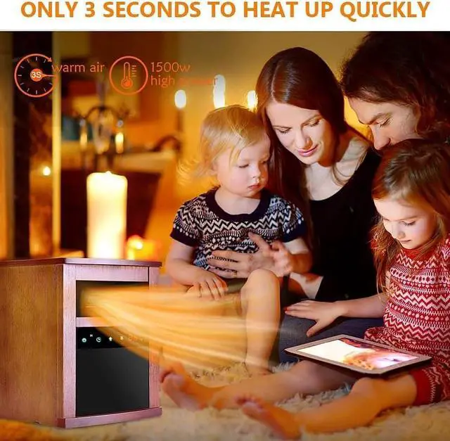 Alt view image 3 of 7 - Air Choice Electric Space Heater, 1500W Infrared Heater w/ 3 Heating Mode, Thermostat, Remote Control & 12h Timer, Small Portable Room Heaters for Indoor Use, Bedroom, Office, Living Room, Dark Walnut