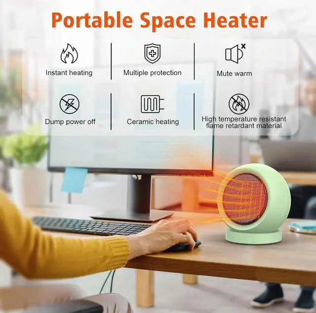 Alt view image 3 of 7 - Space Heater,PTC Ceramic Electric Desktop Heater High Output Fan for Home Bedroom Office Desk Indoor Use(Green)