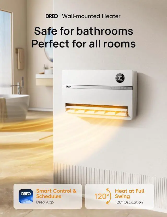 Alt view image 2 of 7 - Dreo Wall Heater for Bathroom, Smart Space Heaters with ALCI Plug, 1500W, 120° Vertical Oscillation, Adjustable Thermostat, 24H Timer, Easy Installation Electric Heater for Indoor use, Bedroom, Office
