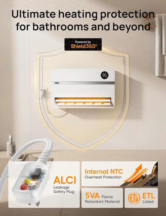Alt view image 3 of 7 - Dreo Wall Heater for Bathroom, Smart Space Heaters with ALCI Plug, 1500W, 120° Vertical Oscillation, Adjustable Thermostat, 24H Timer, Easy Installation Electric Heater for Indoor use, Bedroom, Office