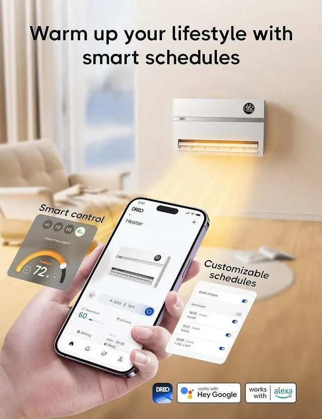 Alt view image 4 of 7 - Dreo Wall Heater for Bathroom, Smart Space Heaters with ALCI Plug, 1500W, 120° Vertical Oscillation, Adjustable Thermostat, 24H Timer, Easy Installation Electric Heater for Indoor use, Bedroom, Office