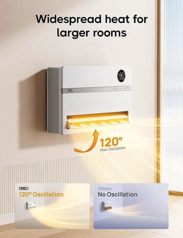 Alt view image 5 of 7 - Dreo Wall Heater for Bathroom, Smart Space Heaters with ALCI Plug, 1500W, 120° Vertical Oscillation, Adjustable Thermostat, 24H Timer, Easy Installation Electric Heater for Indoor use, Bedroom, Office