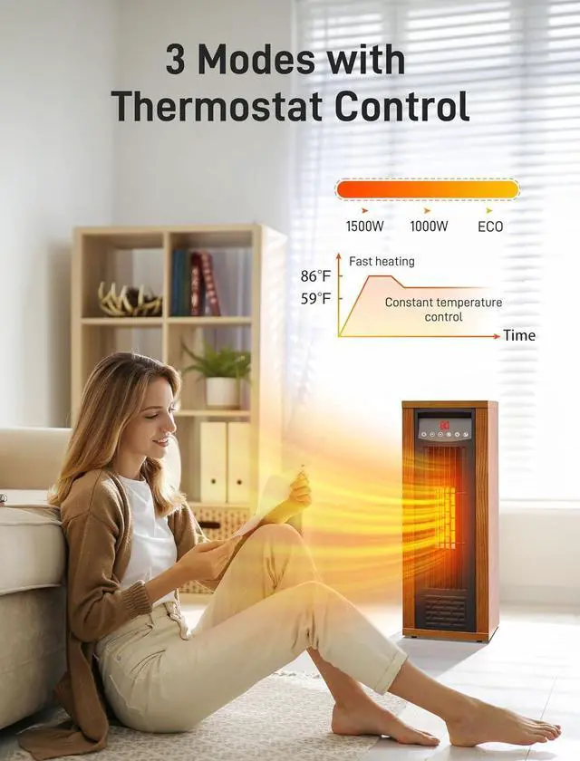 Alt view image 3 of 7 - Air Choice Infrared Space Heater, 1500W PTC Portable Electric Heaters Fast & Quiet Heating Tower Room Heater for Bedroom, Office, Home