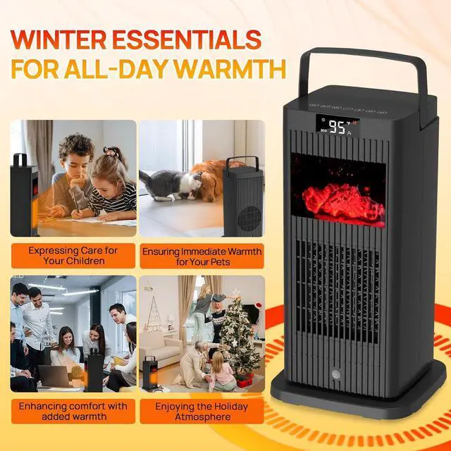 Alt view image 4 of 7 - Space Heater, 2023 Small Space Heaters for Indoor Use, Oscillating Electric Heater with Infrared Sensor & 3D Flame Effect as Mini Fireplace, 1500W ECO Portable Heater for Office/Bedroom/Home/Garage